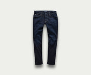 Een premium paar The N01 Slim Dark Indigo jeans van Blue Rivet Jeans, met een slim fit die plat ligt tegen een lichte achtergrond. Deze stijlvolle jeans hebben een klassiek five-pocket design, zichtbare stiksels en een vleugje stretch voor extra comfort.